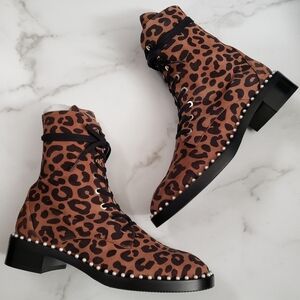 Stuart Weitzman Sondra Faux Pearl Cheetah Leopard Combat  Boots Sz 7.5